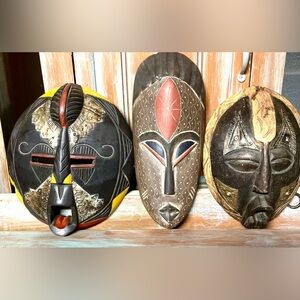 3 Tribal African Wood Carved Masks